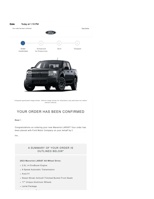 Ford Maverick Re-Order for MY23 Messag