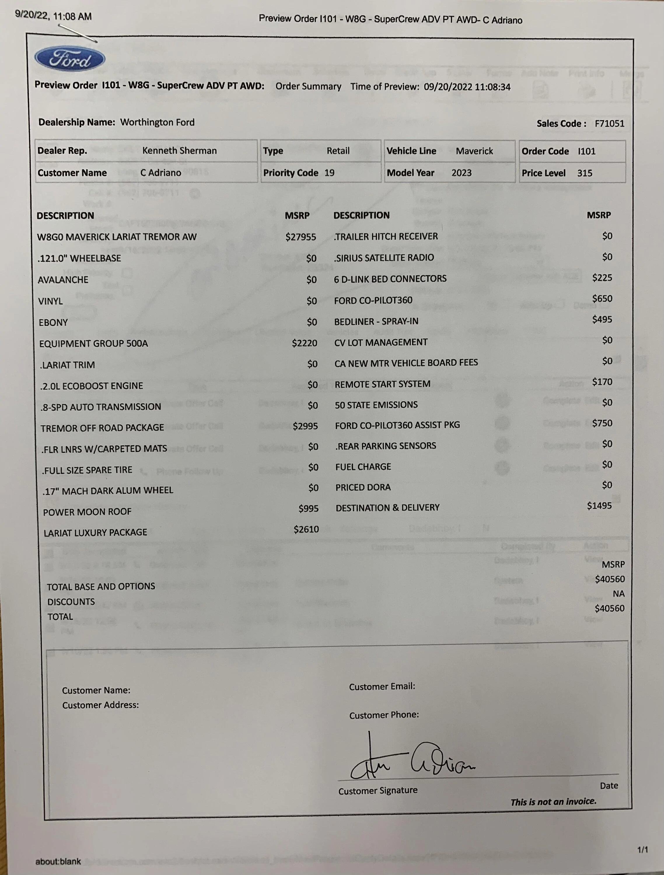 Ford Maverick Tremor Order Form IMG_4954
