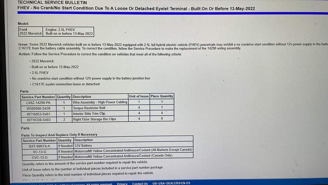 Ford Maverick Hybrid Harness TSB  22-2340 (no crank / no start) with impacted dates: Mavericks built on or Before May 13, 2022 FB_IMG_1664200933439