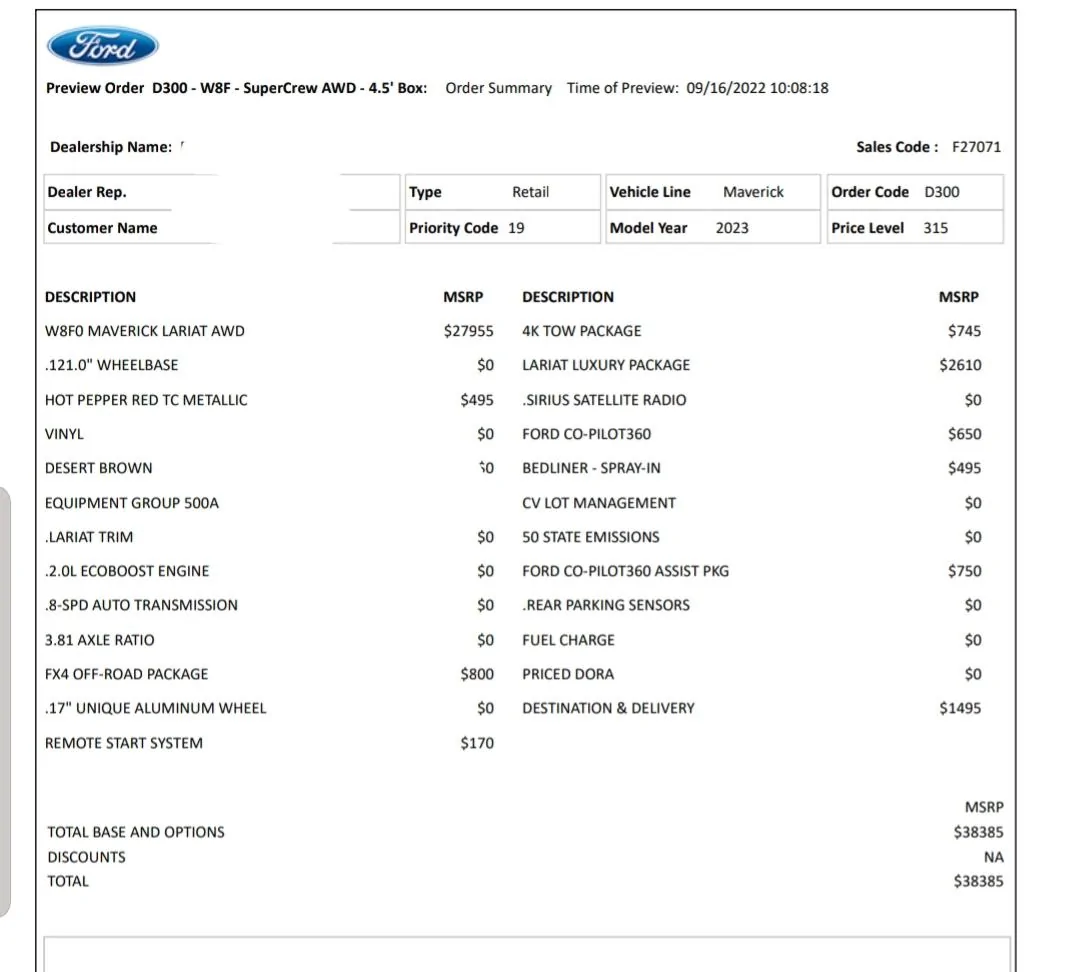 Ford Maverick Lets see your build sheet! 20220920_104841