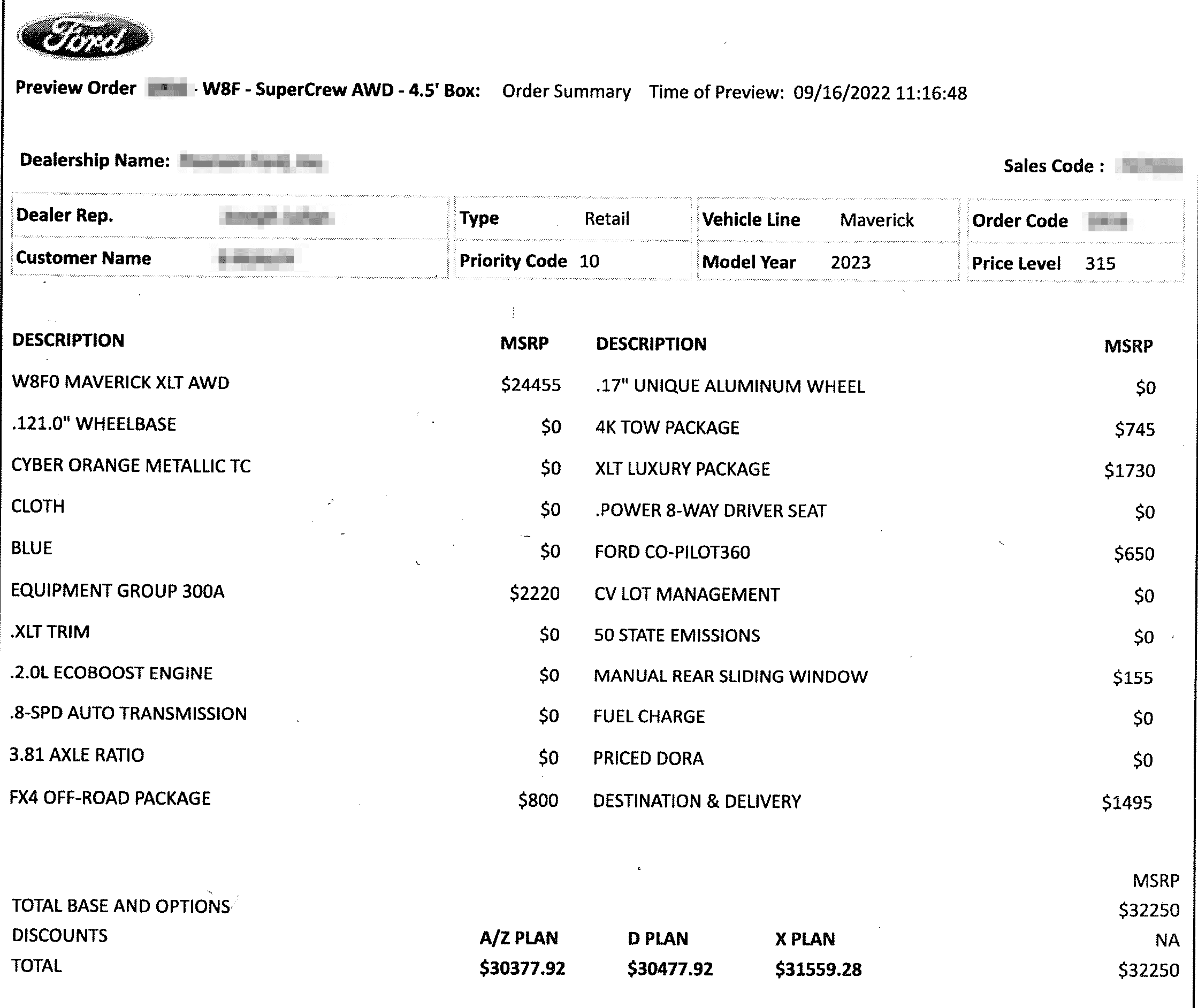 Ford Maverick Lets see your build sheet! ORDER_09162022A
