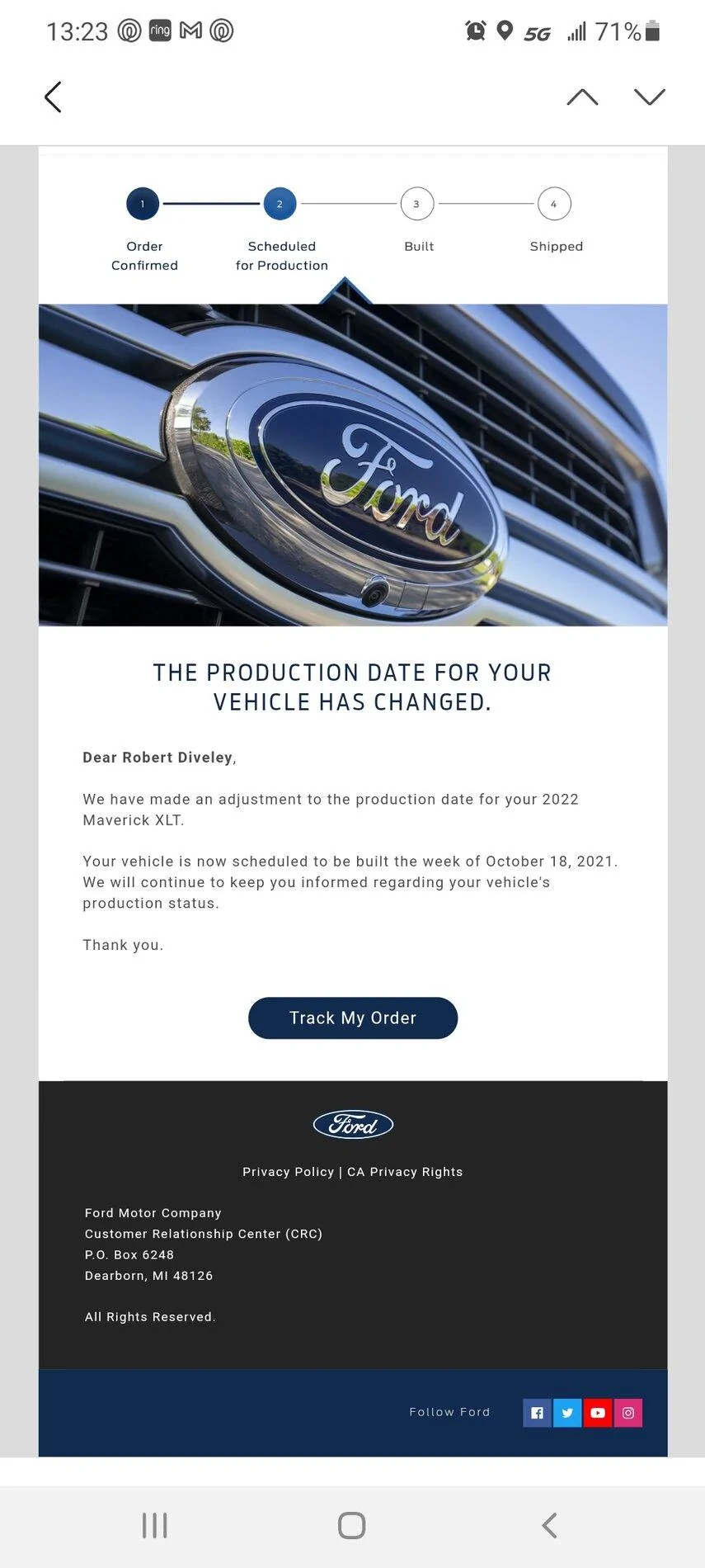 Ford Maverick My Hybrid Build Date Pushed Back One Week Screenshot_20210915-132327_Email