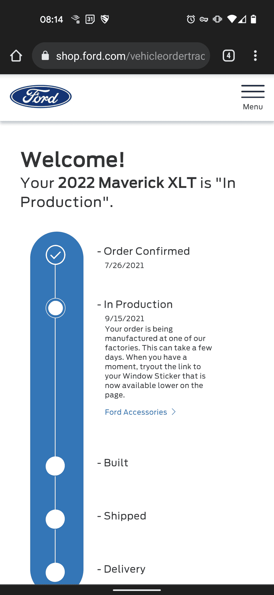 Ford Maverick Mavericks now hitting "In Production" status on Ford tracker. Has Yours? Screenshot_20210916-081448