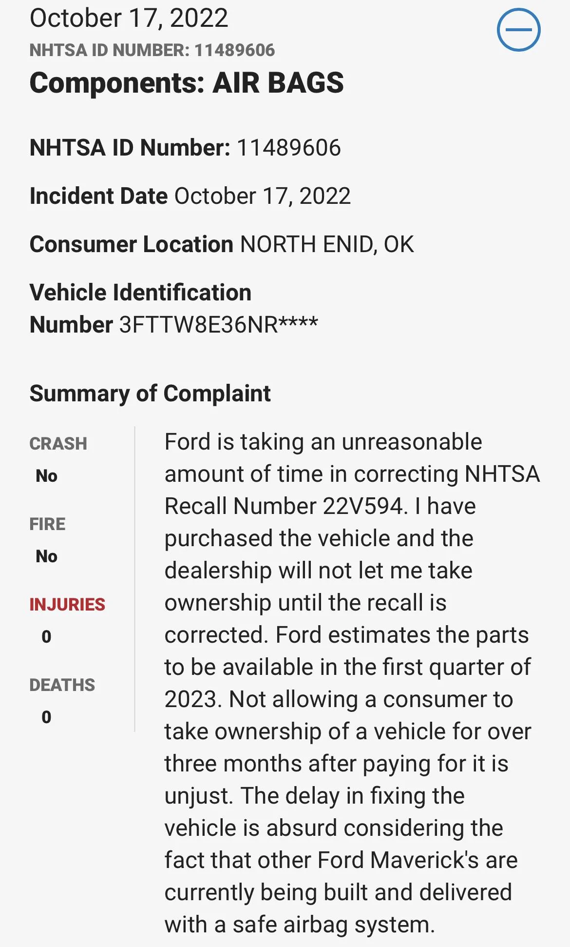 Ford Maverick Funny/ridiculous thing on nhtsa 744BFEBF-4EC7-4789-84D6-8F6AE162AD25