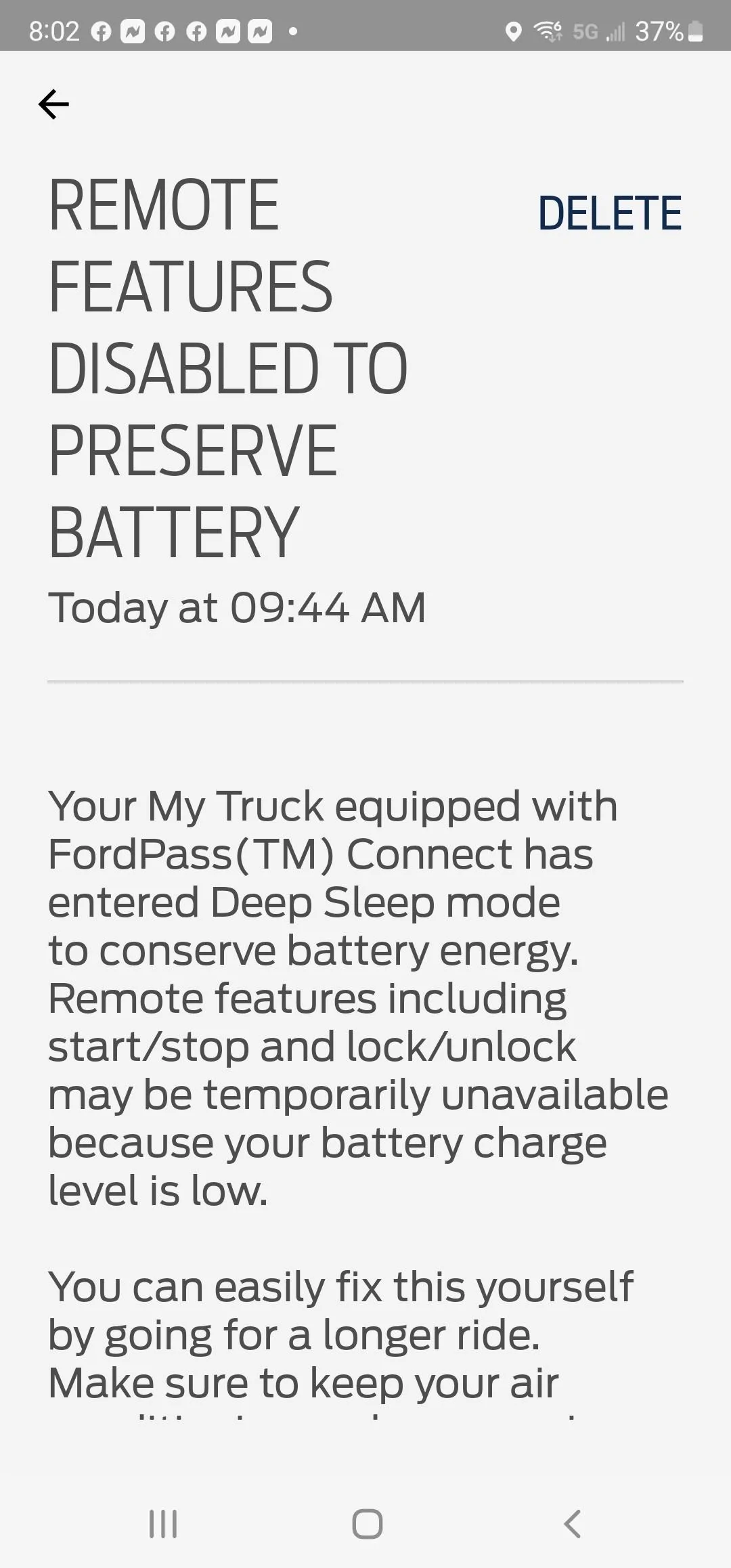 Ford Maverick Low battery warning message received in app! Screenshot_20221024-200243_FordPass