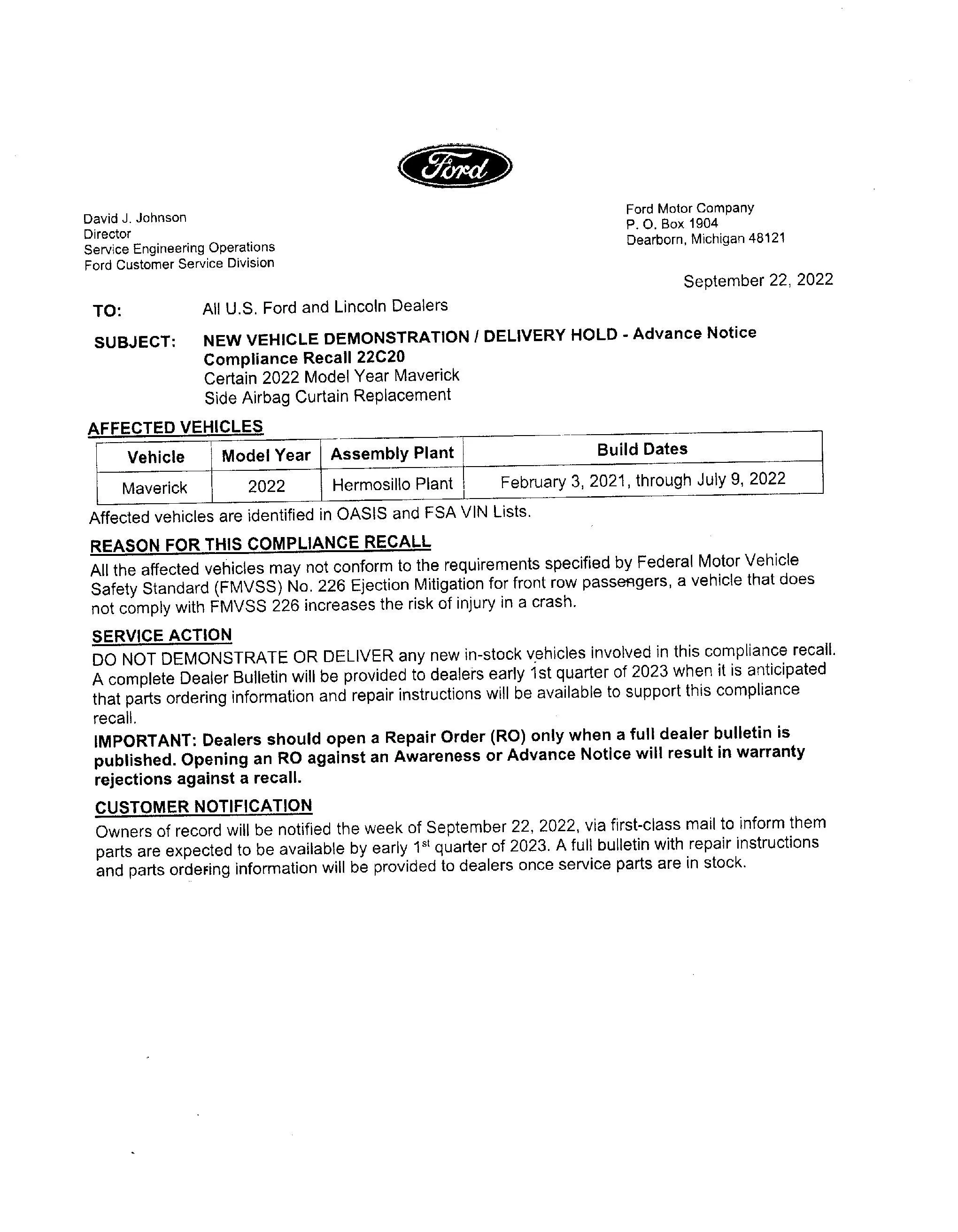 Ford Maverick My ordering, production and delivery timeline so far FoMoCo Recall 22C20