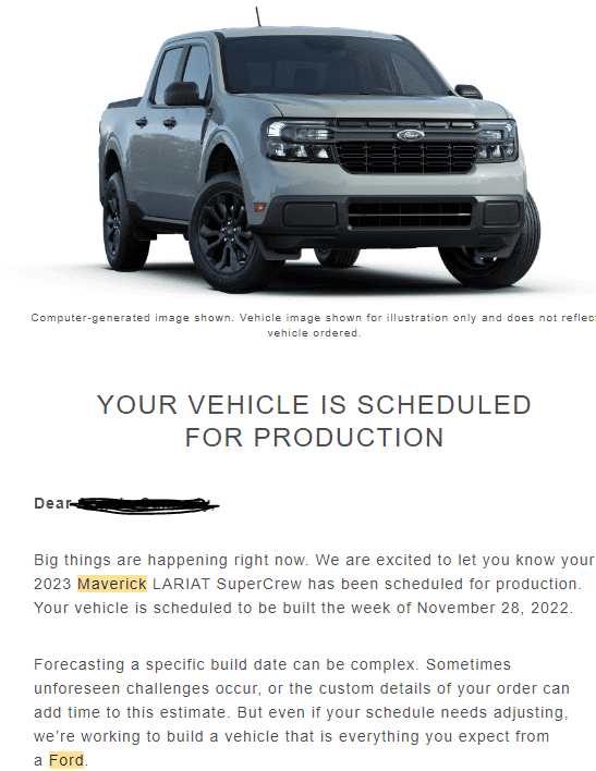Ford Maverick 🙋🏻‍♂️ Post if you received your 2023 Maverick scheduled for production confirmation & VIN today Oct 28! 2023 maverick.PNG