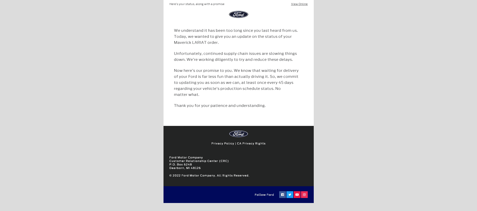 Ford Maverick Just received this wonderful note from Ford... Screenshot 2022-11-01 at 21-16-26 Information regarding your Ford order