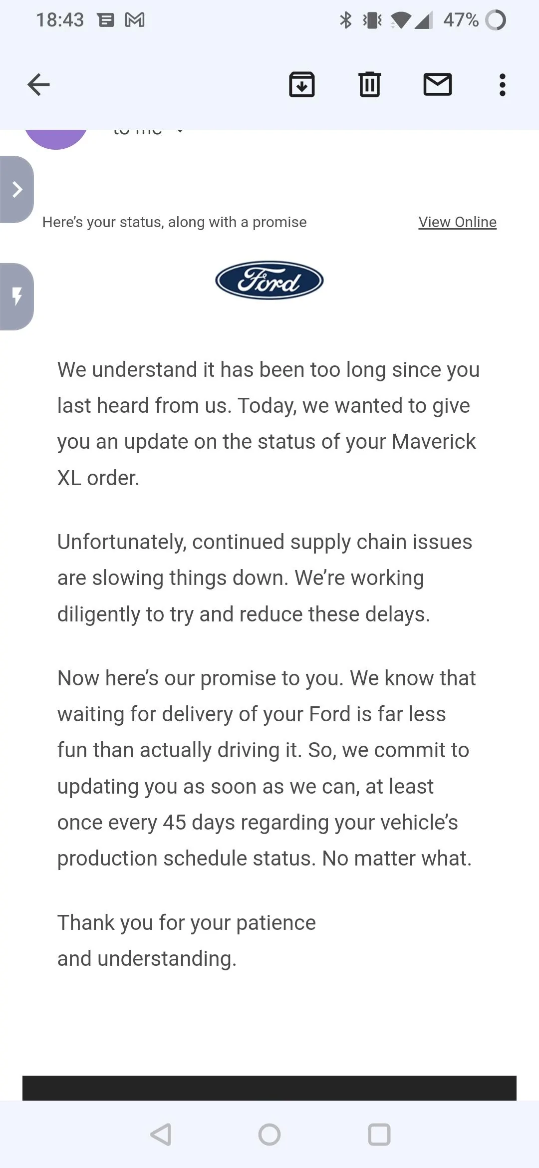 Ford Maverick Just received this depressing email about my 2023 Maverick order Screenshot_20221102-184358