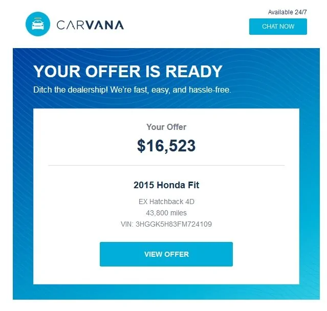 Carvana Honda Fit $16,523 offer.JPG