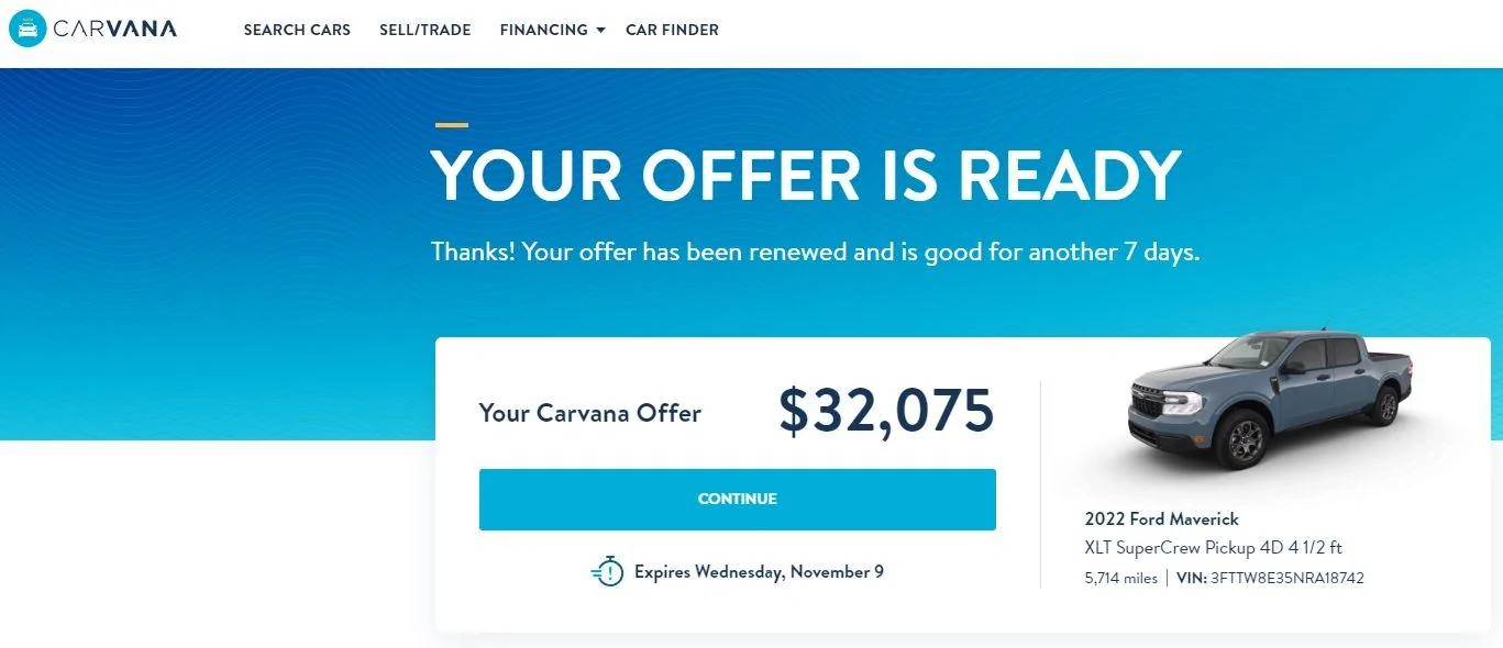 Ford Maverick Trade in experience Carvana XLT Maverick Hybrid 11-01-22