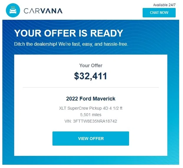 Ford Maverick Trade in experience Carvana XLT Maverick Hybrid 10-01-22