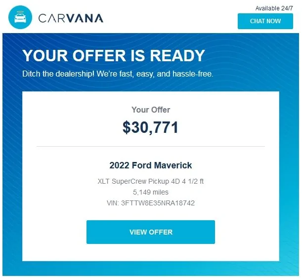 Ford Maverick Trade in experience Carvana XLT Maverick Hybrid 09-01-22
