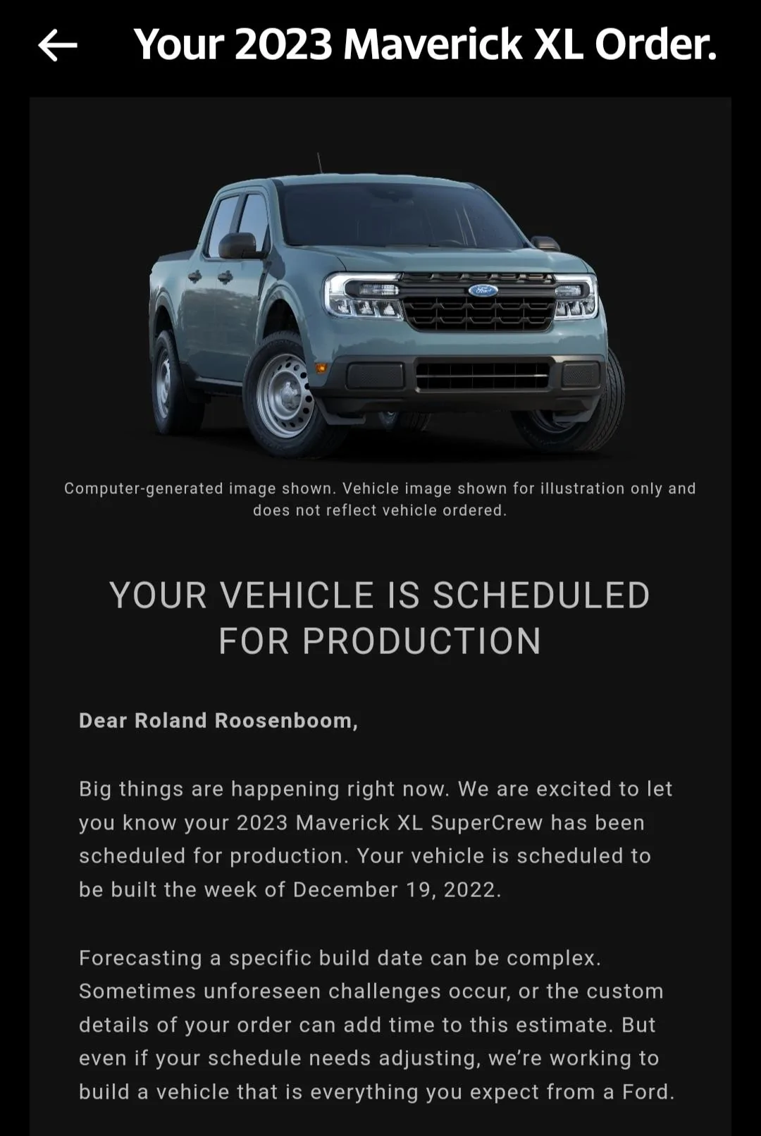Ford Maverick Scheduled for production email (received 11/3/22) !!!!!!!!!!!!!!!!!!!!!!! Screenshot_20221105-121154_Yahoo Mail