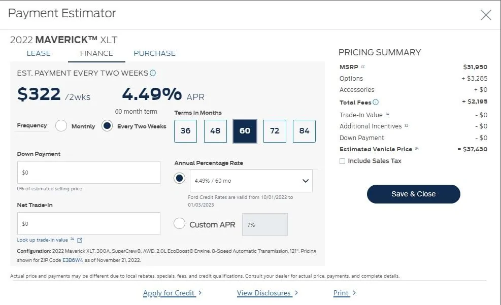 Ford Maverick Finance Rates - Canada 4.49