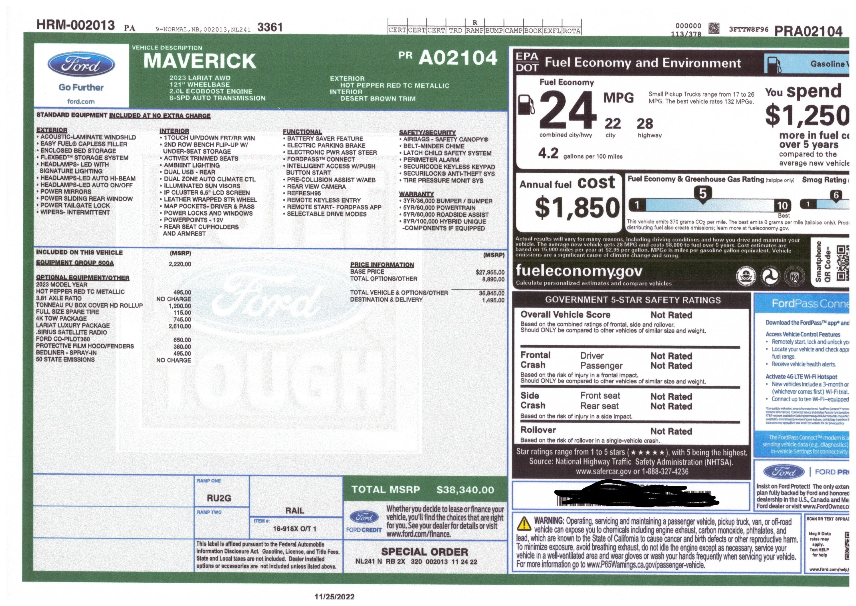 Ford Maverick Got my Window Sticker today Mav Sticker1