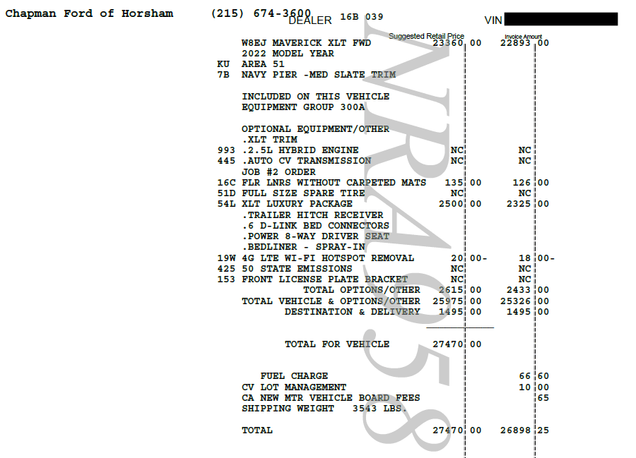 Ford Maverick '22 Maverick Order Invoice Price Discrepancy invoice price chapman new