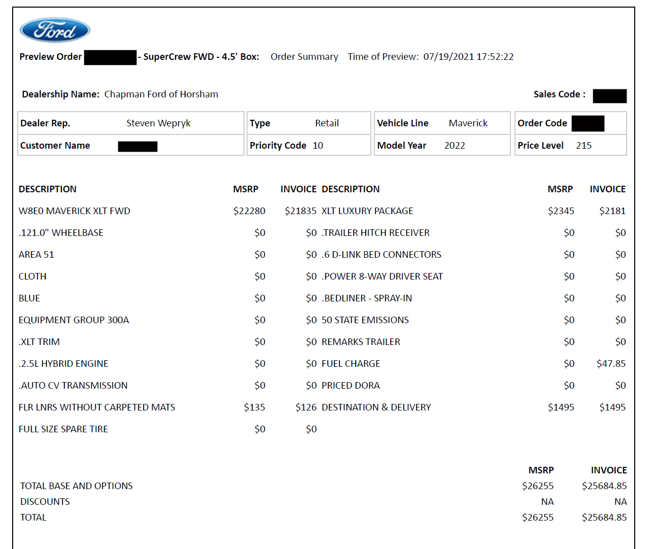 Ford Maverick '22 Maverick Order Invoice Price Discrepancy invoice price chapma