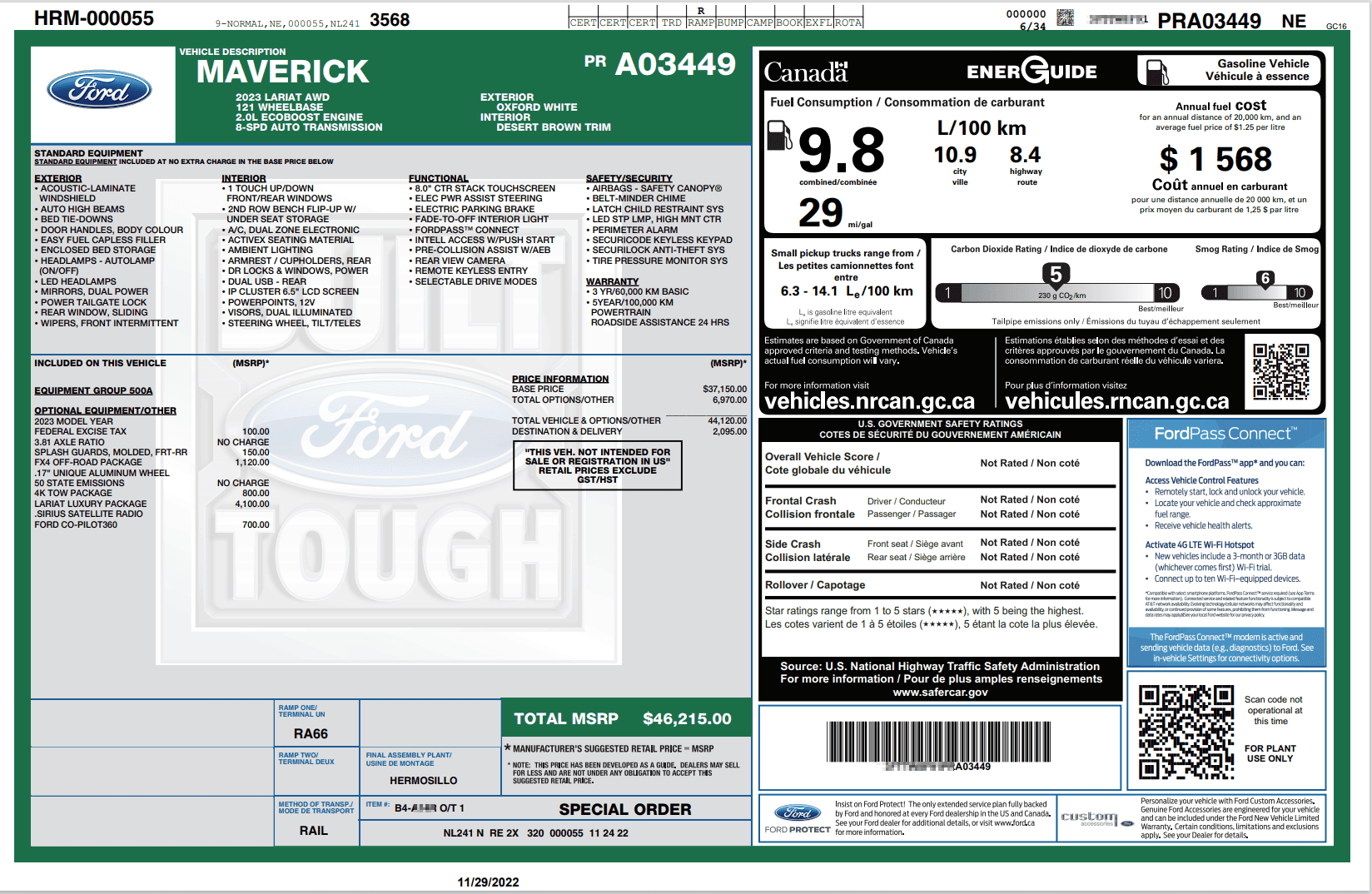 Ford Maverick 2023 CAN Orders scheduled with VIN 1669828325828