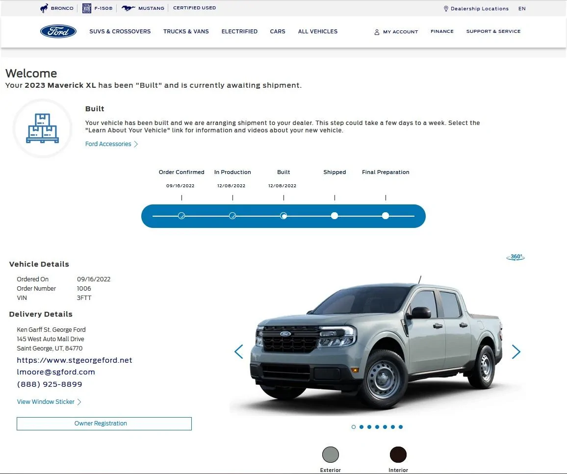 Ford Maverick Ordered 9/15, build date 12/5, built 12/8, shipped 12/10 Built