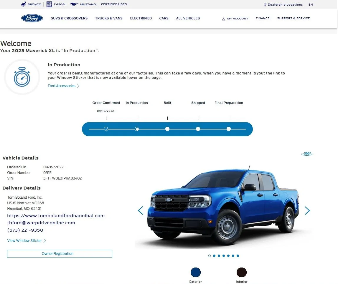 Ford Maverick Ordered 9/15, build date 12/5, built 12/8, shipped 12/10 adam