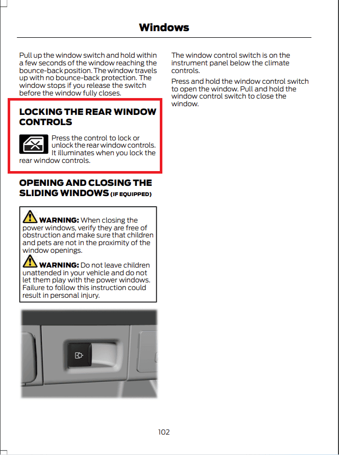 Ford Maverick Outside mirror control operation locking rear window control