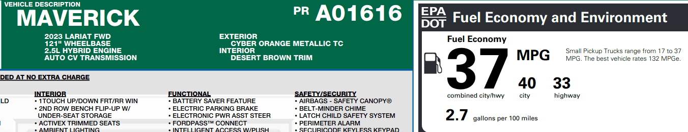 Ford Maverick 2023 Maverick Hybrid Window Sticker Shows Lower MPG Than 2022 Model (city mileage went from 42 to 40 MPG) Screenshot from 2022-12-10 17-31-09