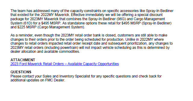Ford Maverick 📝 (12/14/22) – 2023 MAVERICK AVAILABILITY MEMO Allows Order Switch From Hybrid to EcoBoost! + New Discount Package + Current Constraints Info 1671023375328