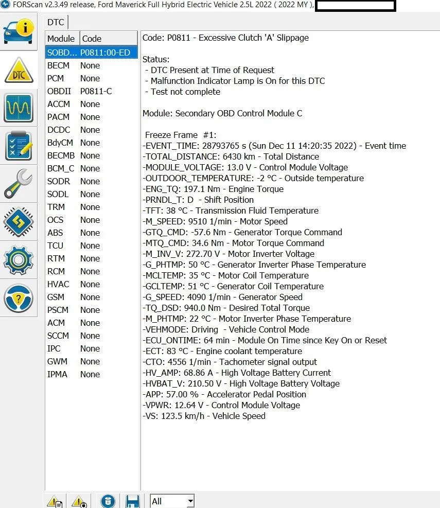 Ford Maverick 2.5 Hybrid: P0811 code OBD2 11dec2022-dtc