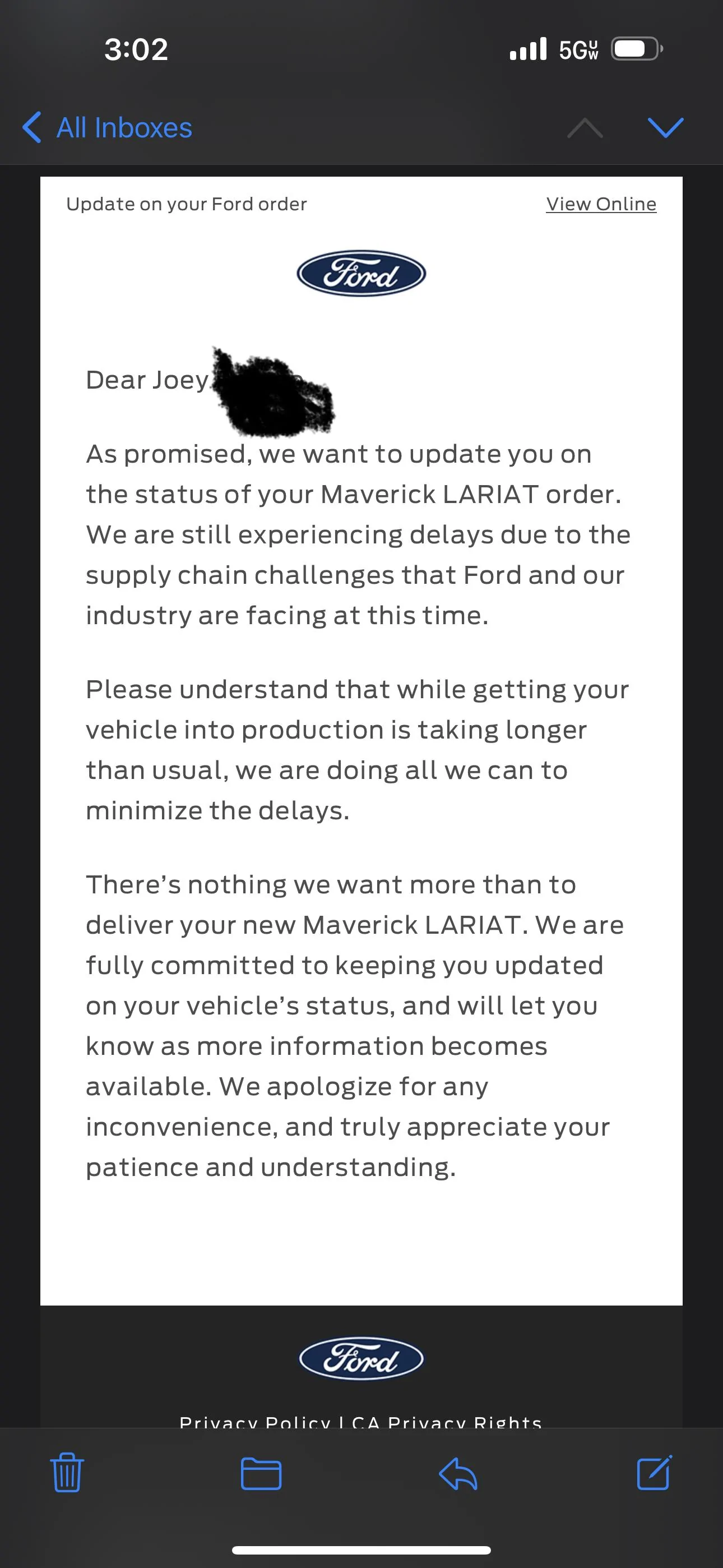 Ford Maverick Email: Update on your Ford order … (again?) 651F299D-A87C-43CC-96F4-934C5E826A66