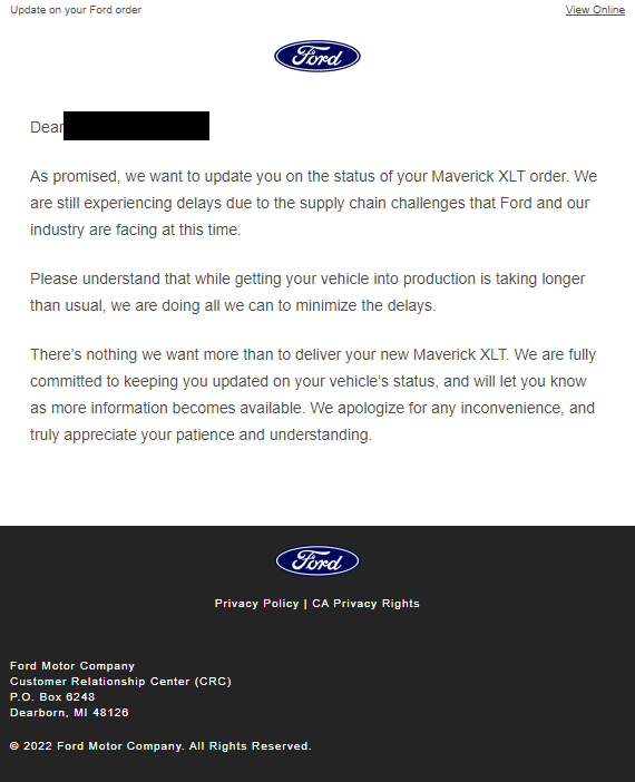 Ford Maverick Maverick Scheduling on 12/15/22 -- For Production Weeks Through 2/20/23 [+ Current Constraints List] Ford Notice 2