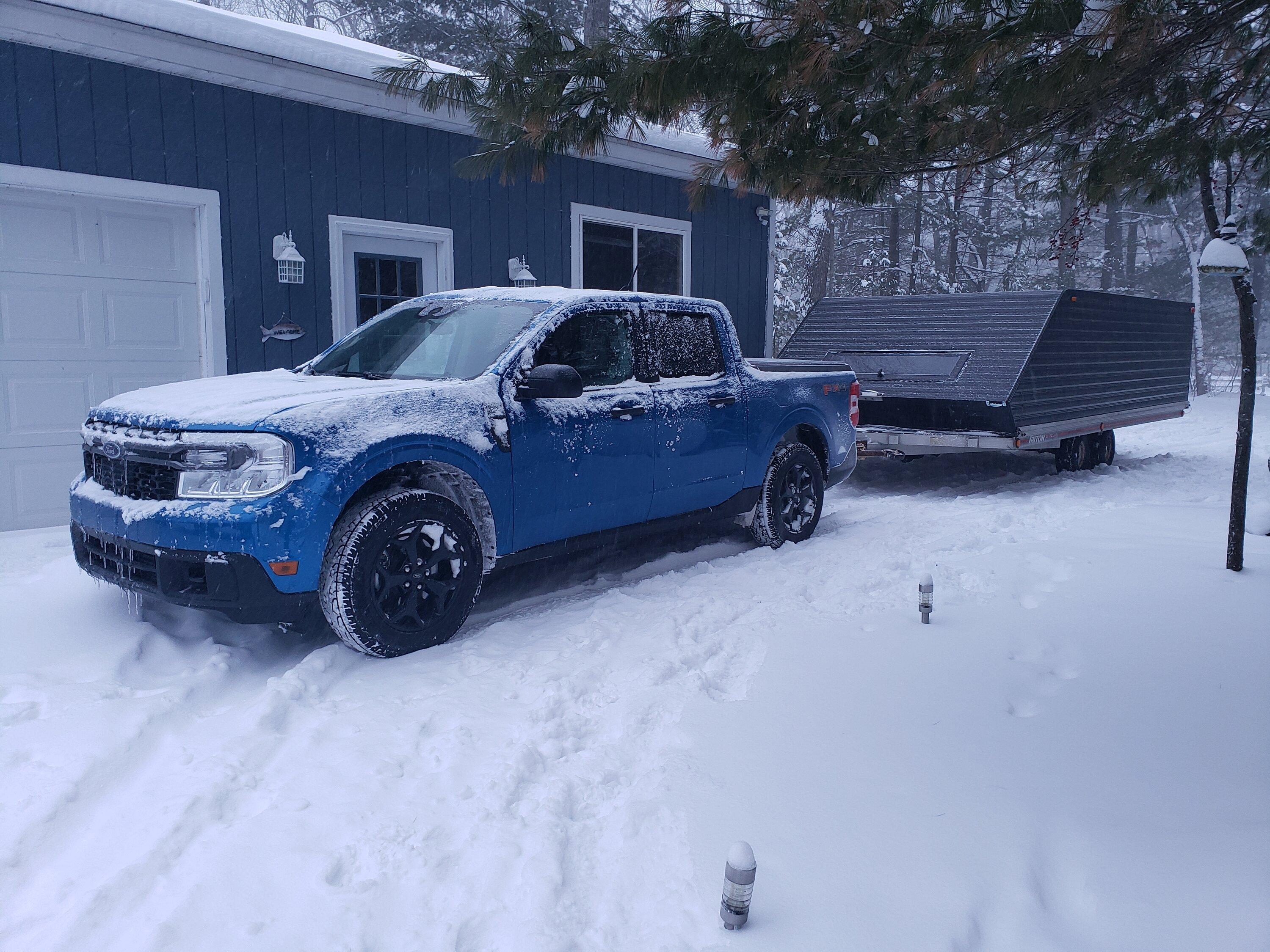 Ford Maverick Maverick does snowmobile rescue (towed snowmobile trailer) 20221223_165223
