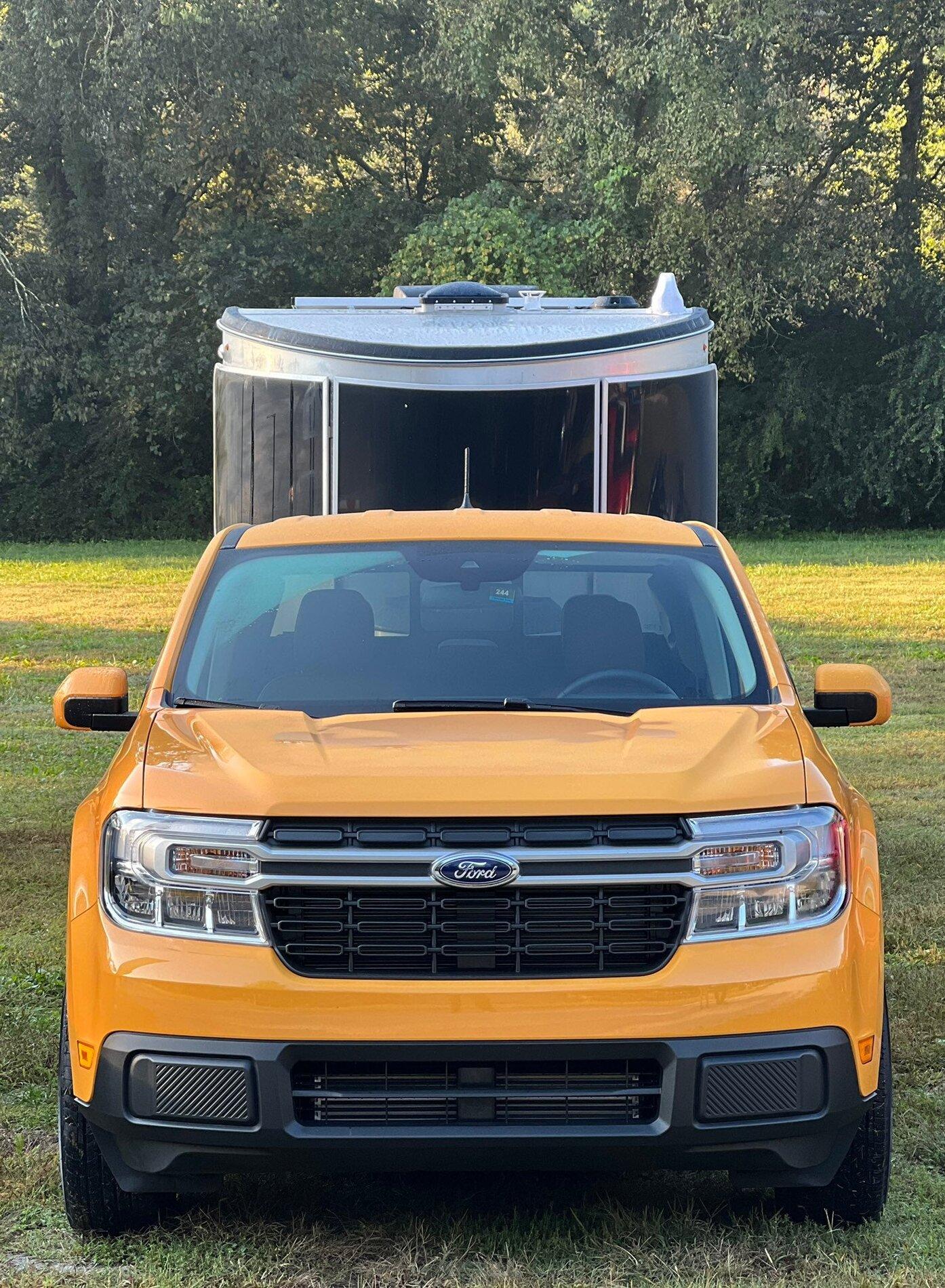 Ford Maverick 2022 Maverick towing Airstream Basecamp trailer - pic Cyber Orange Ford Maverick
