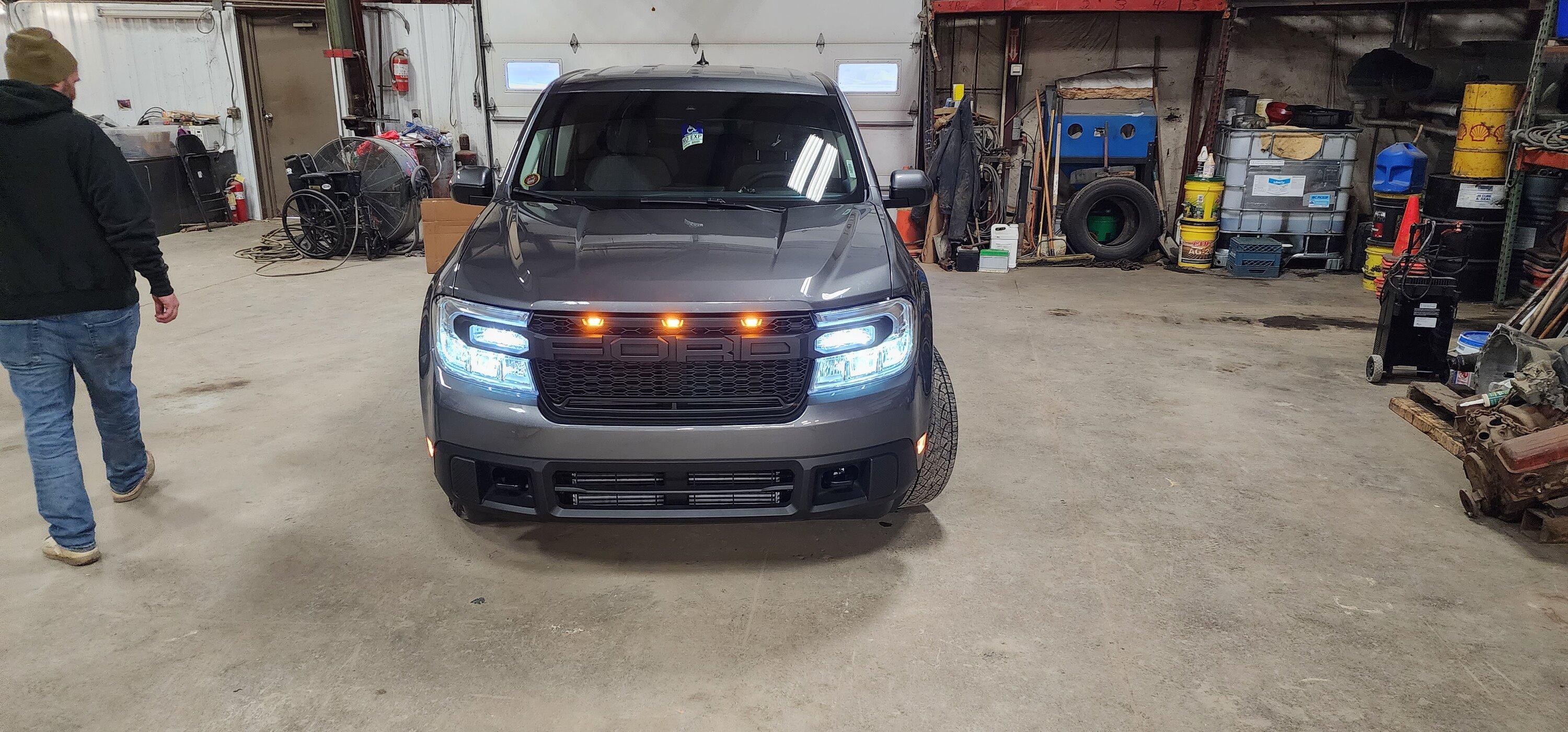 Ford Maverick Raptor style grille and lights installed on 2023 Atlas Blue Maverick 20221211_150952