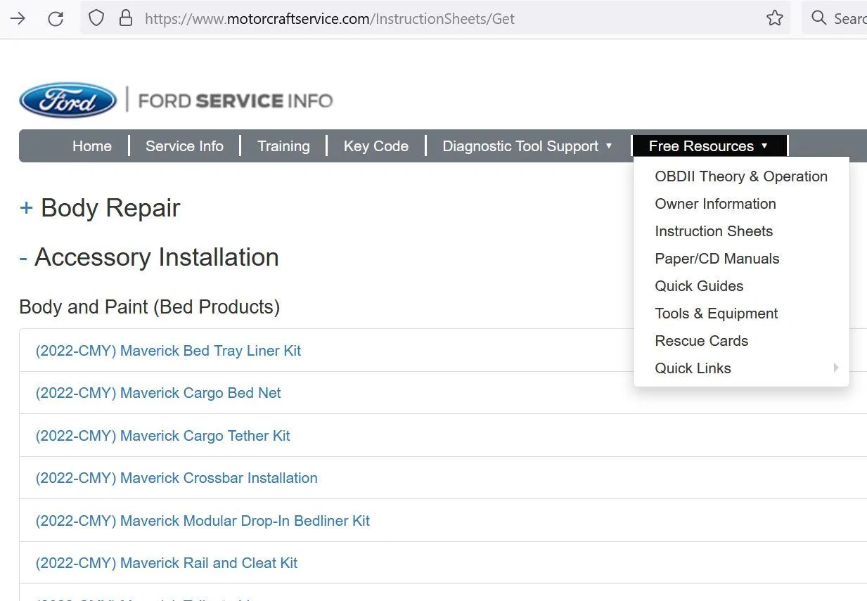 Ford Maverick FordService Instruction sheets for Ford Maverick 📃 Maverick online instruction sheets