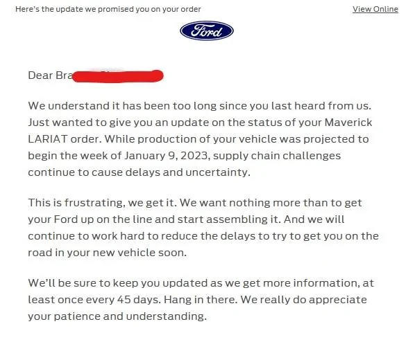 Ford Maverick Stuck "In production" for 2 weeks and 6 days update from ford