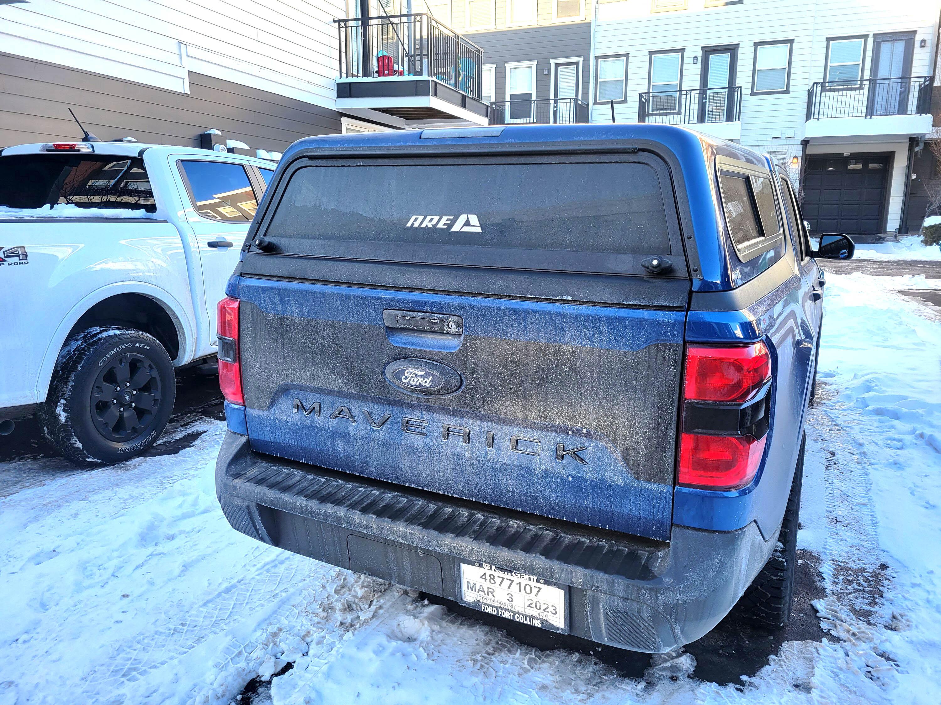 Ford Maverick Installed ARE X Series Truck Cap, tinted tail light covers, black rear decal 20230122_085826-