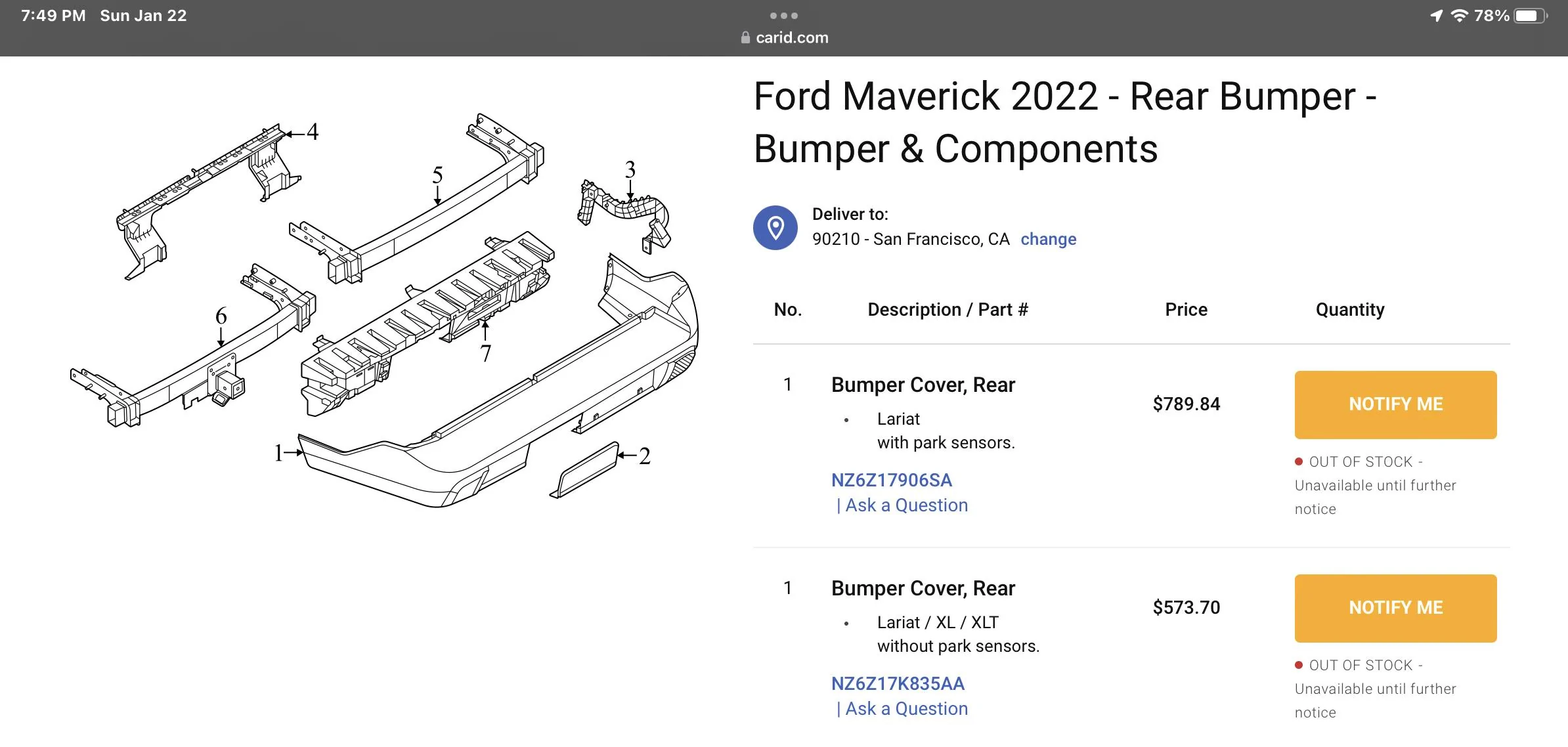 Ford Maverick Rear bumper cover part number 193BC35E-7D9F-4F79-963E-38B21ABCCA65
