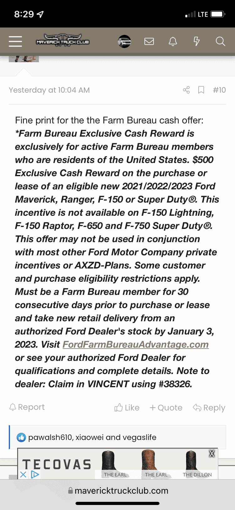 Ford Maverick Farm Bureau rebate combined with Ford Private offer. 1674775778442