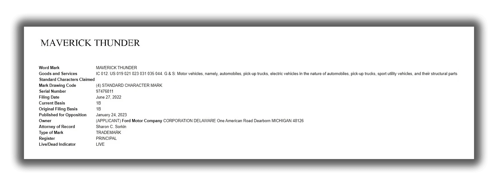Ford Maverick Maverick THUNDER Trademarked in US Ford-Maverick-Thunder-Trademark-Filing-United-States-Patent-And-Trademark-Office-USPTO