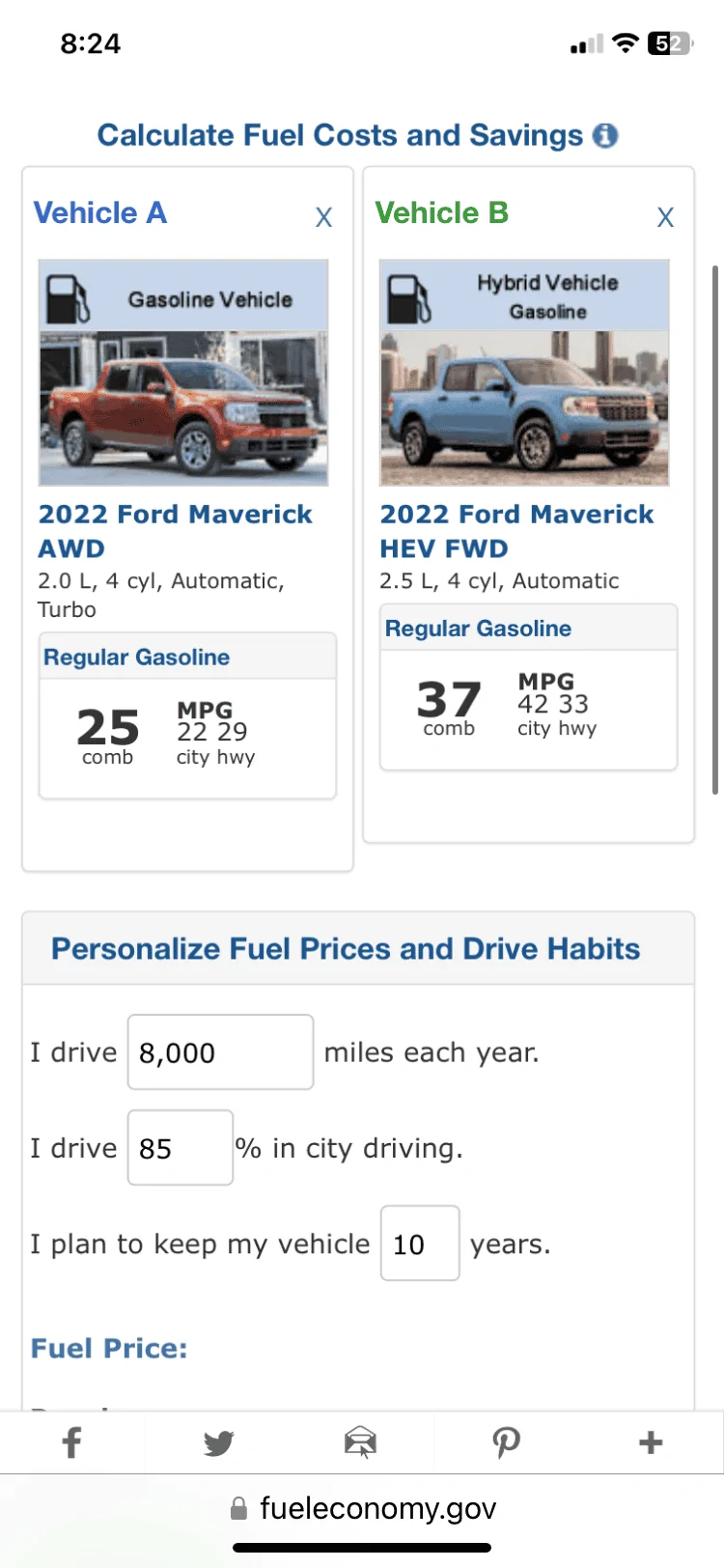 Ford Maverick Maverick EB vs Hybrid MPG with fueleconomy.gov Calculator 0FEF9375-867A-42D1-9F4A-B500AF16FDA1
