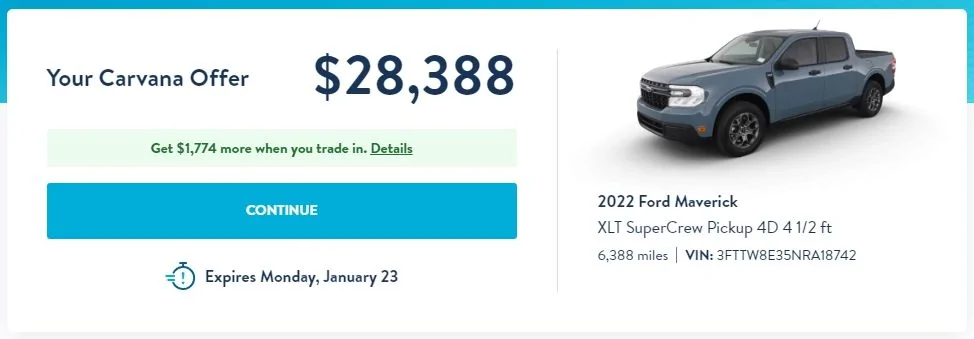 Ford Maverick Need Gambling Advice.. When to sell my current car for the Maverick? Carvana XLT Maverick Hybrid 2023-01-15