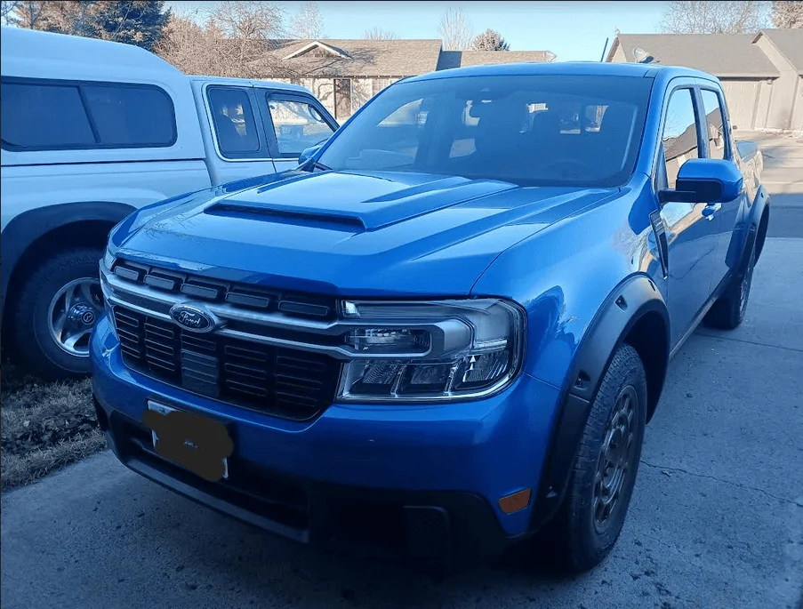 Ford Maverick Paint matched hood scoop installed on Tremor Maverick mav scoo
