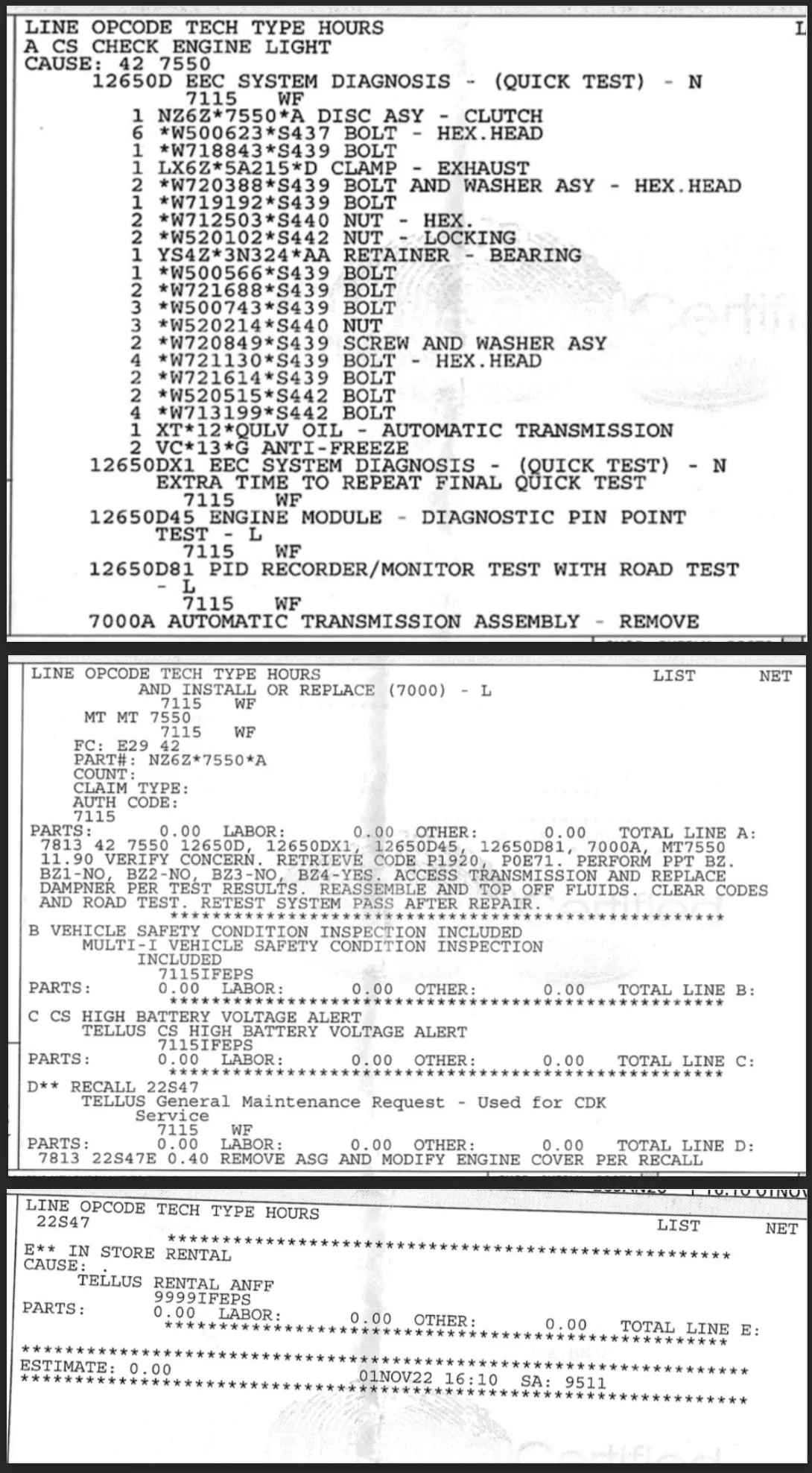 Ford Maverick Hight Voltage Battery Warning - Dealer Repairs Update Ford_Receipt