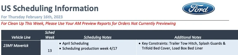 Ford Maverick 🗓️ Maverick Scheduling on 2/16/23 for Production Week 4/17 (+ Current Constraints List) 1676390336529