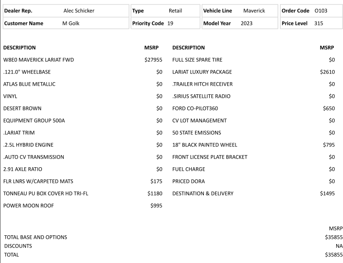 Ford Maverick Hybrid Lariat MY23 , ordered Sept '22,  Support Group 06162022