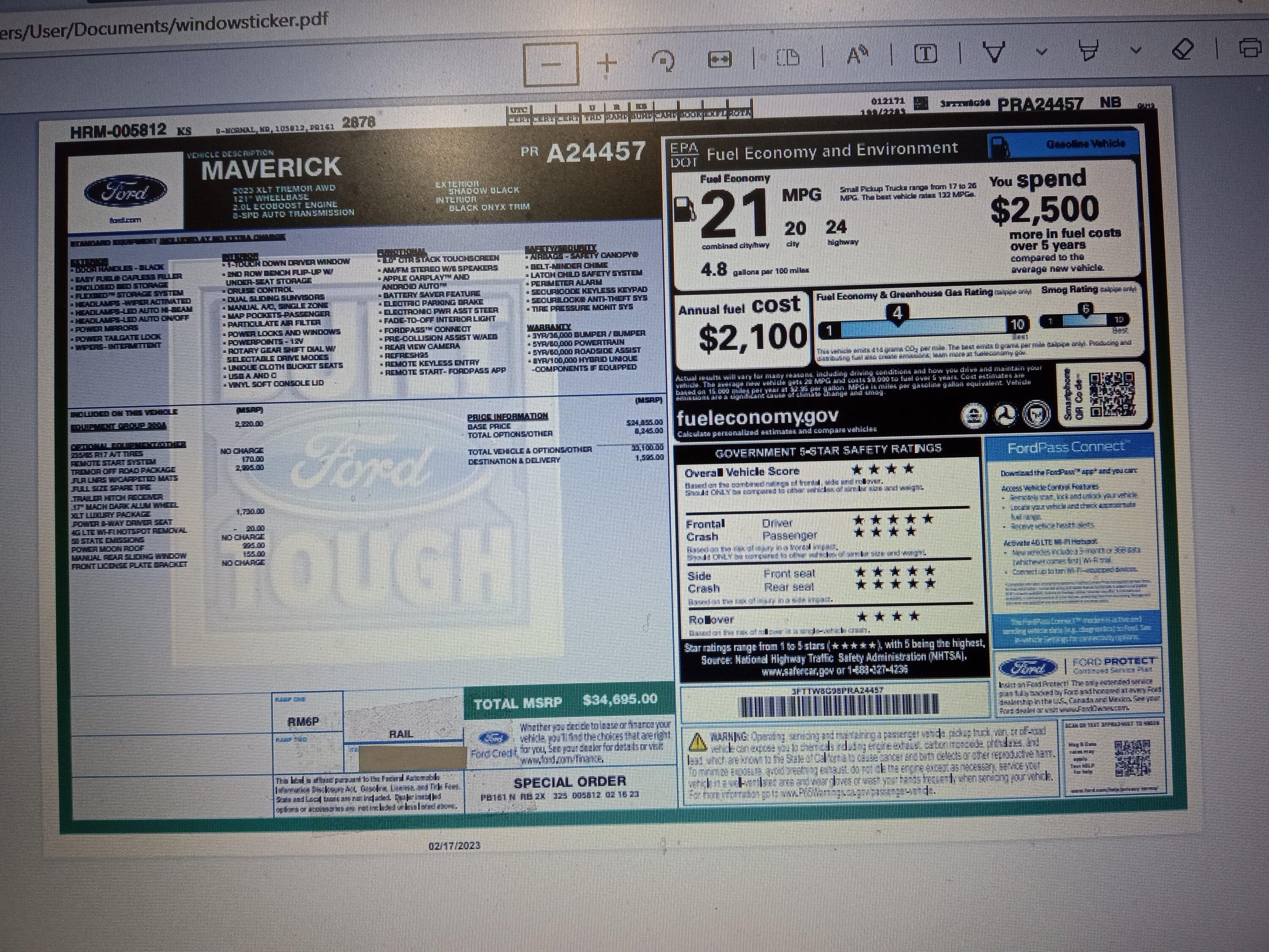 Ford Maverick Waiting on Window Sticker Tremor  00