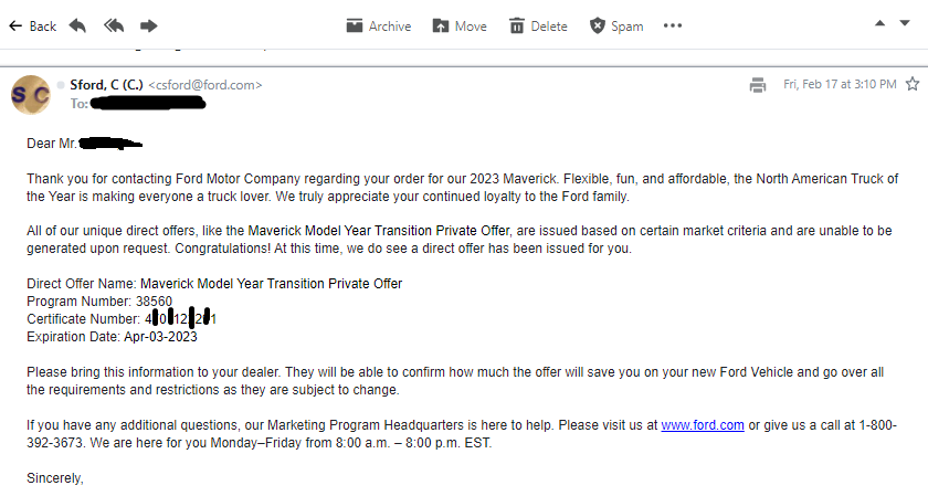 Ford Maverick How to get your private offer certificate number Ford Cert #