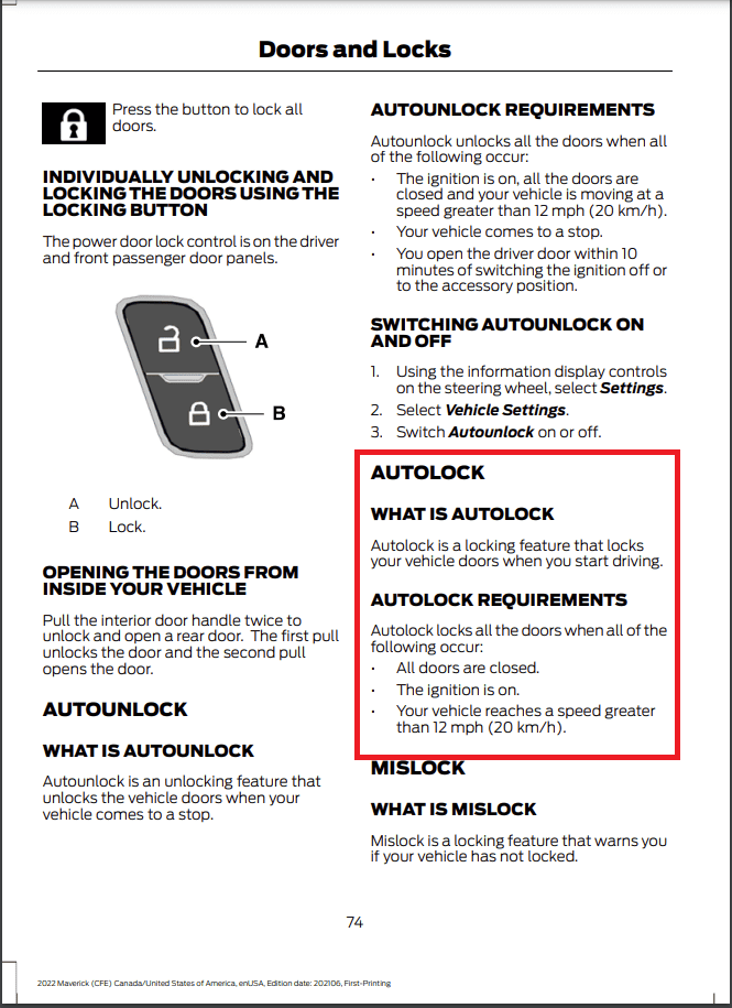 Ford Maverick Can doors auto lock when shifting from park? autolock