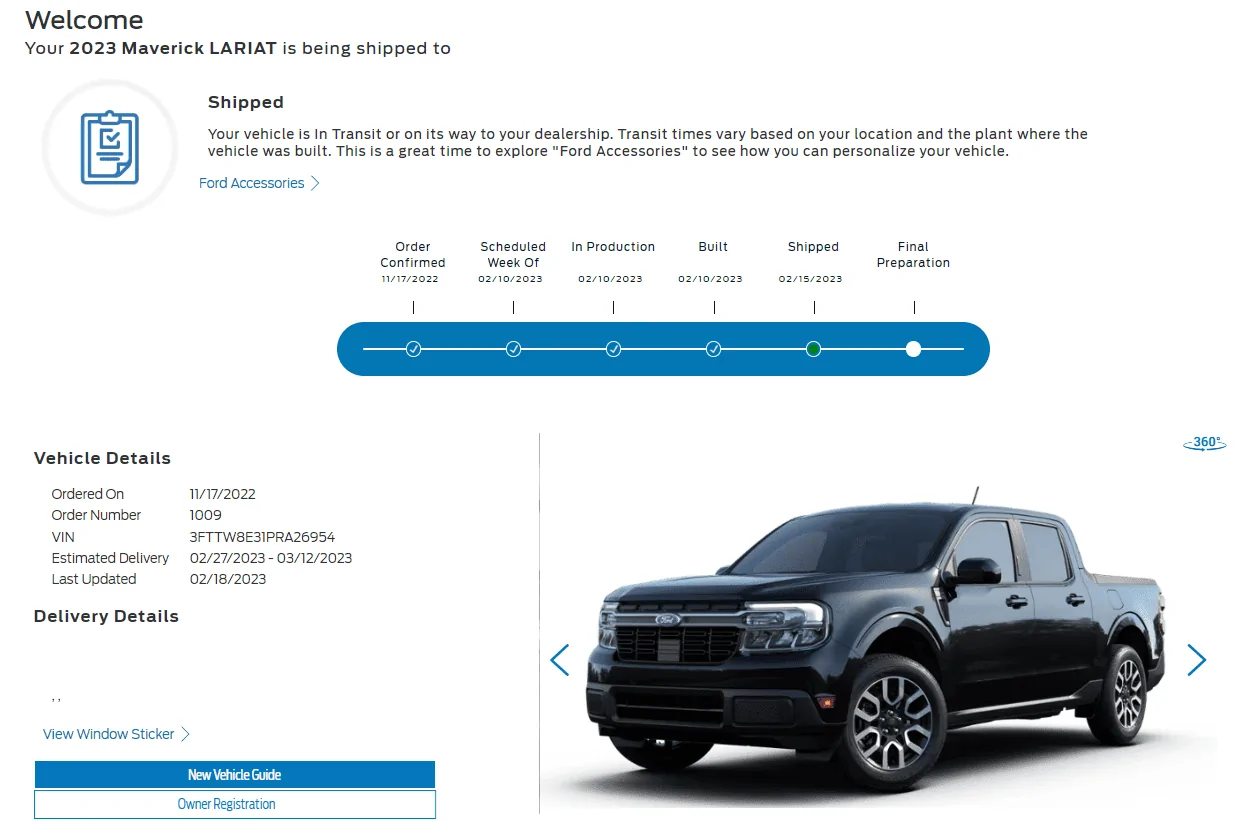 Ford Maverick "Delivery Details" missing on Ford VOTS 1677505755960